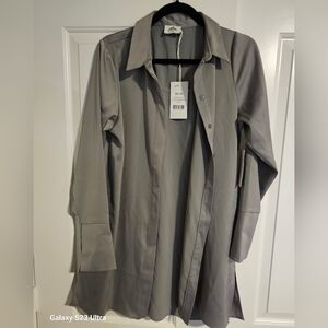 Gray Satin Button Up TShirt Dress